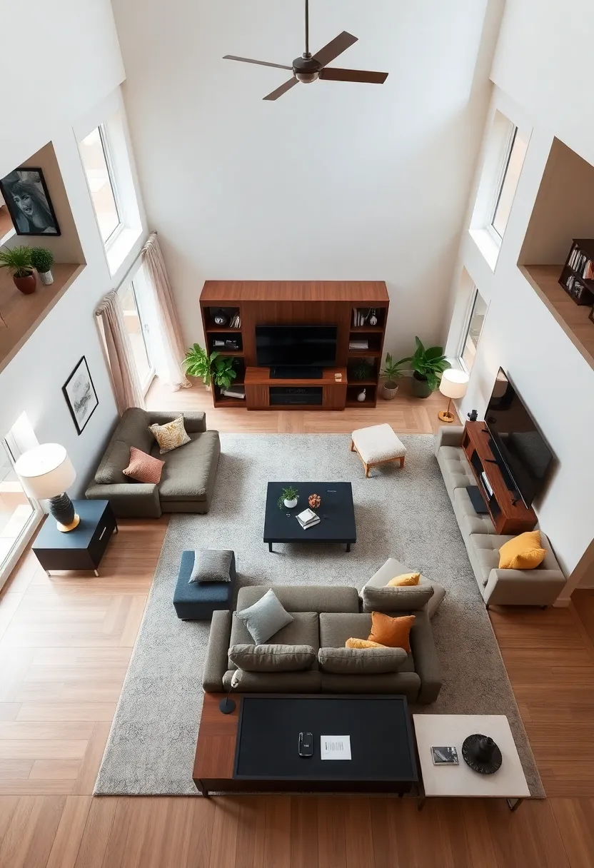 25+ High Ceiling Living Room Ideas to Make a Grand Statement 90 25+ High Ceiling Living Room Ideas to Make a Grand Statement - 14. Unique Furniture Arrangements