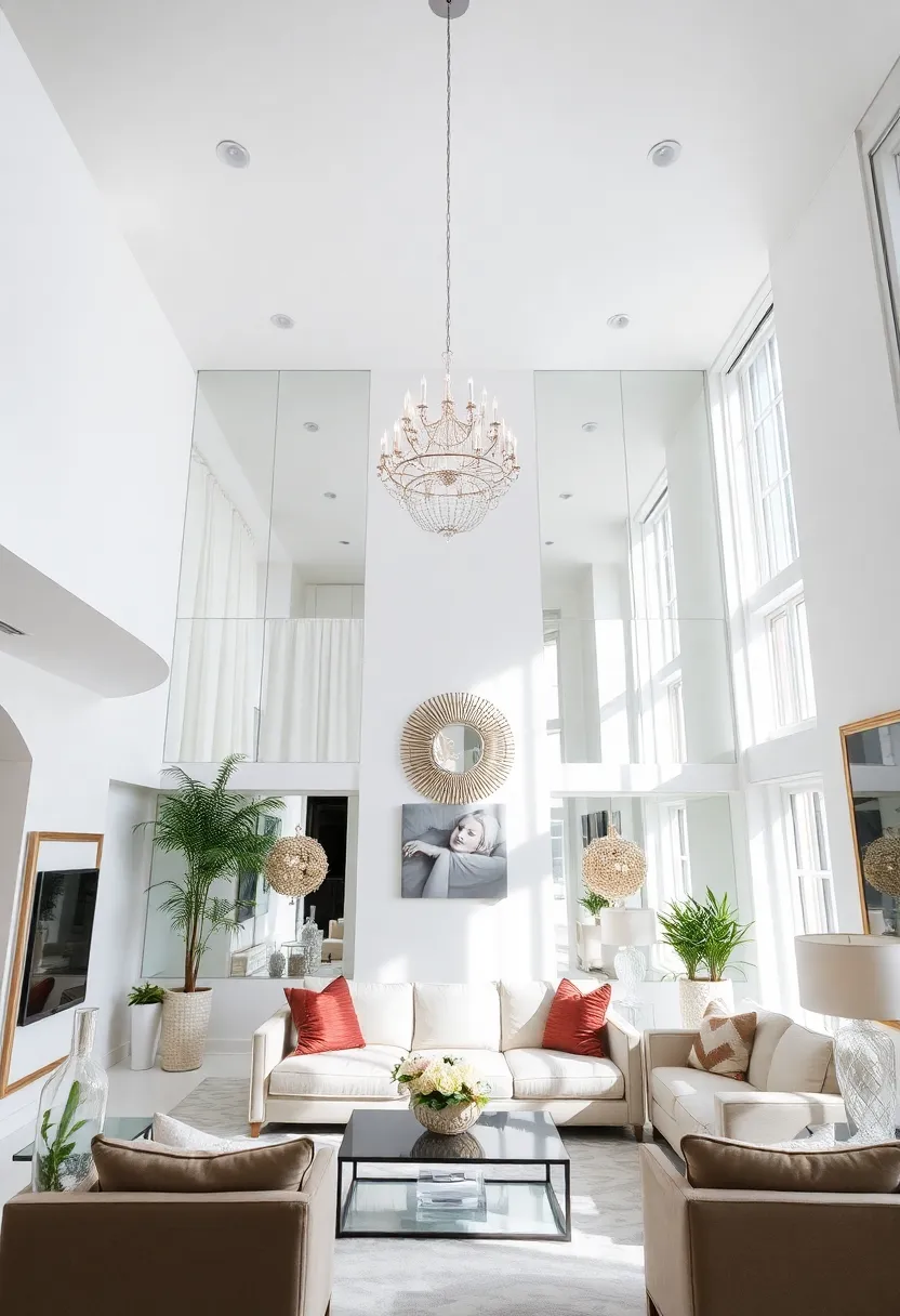 25+ High Ceiling Living Room Ideas to Make a Grand Statement 97 25+ High Ceiling Living Room Ideas to Make a Grand Statement - 15. Reflective Surfaces