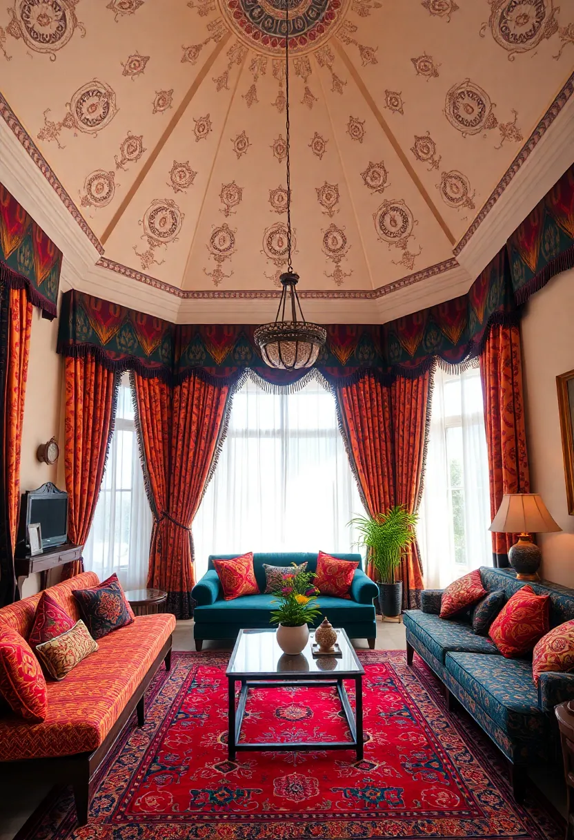 25+ High Ceiling Living Room Ideas to Make a Grand Statement 126 25+ High Ceiling Living Room Ideas to Make a Grand Statement - 20. Exotic Textiles