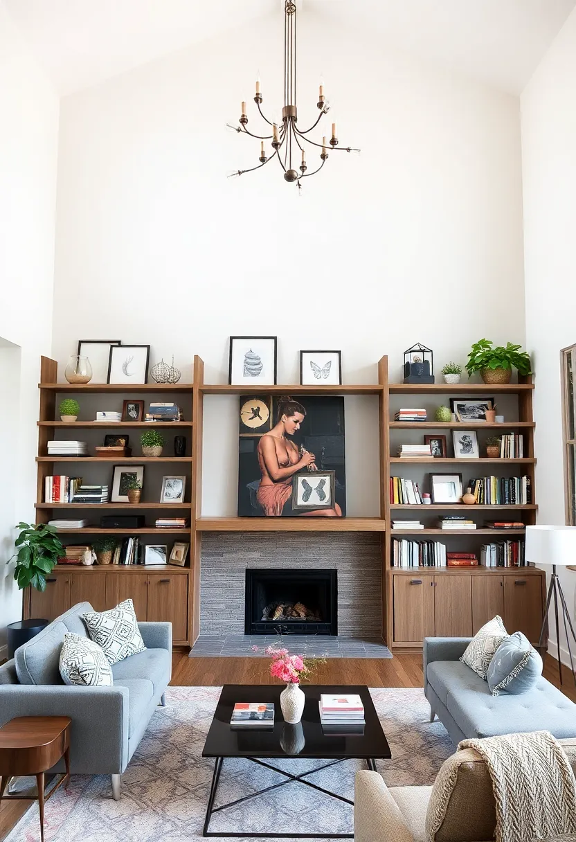 25+ High Ceiling Living Room Ideas to Make a Grand Statement 133 25+ High Ceiling Living Room Ideas to Make a Grand Statement - 21. Elevated Open Shelving