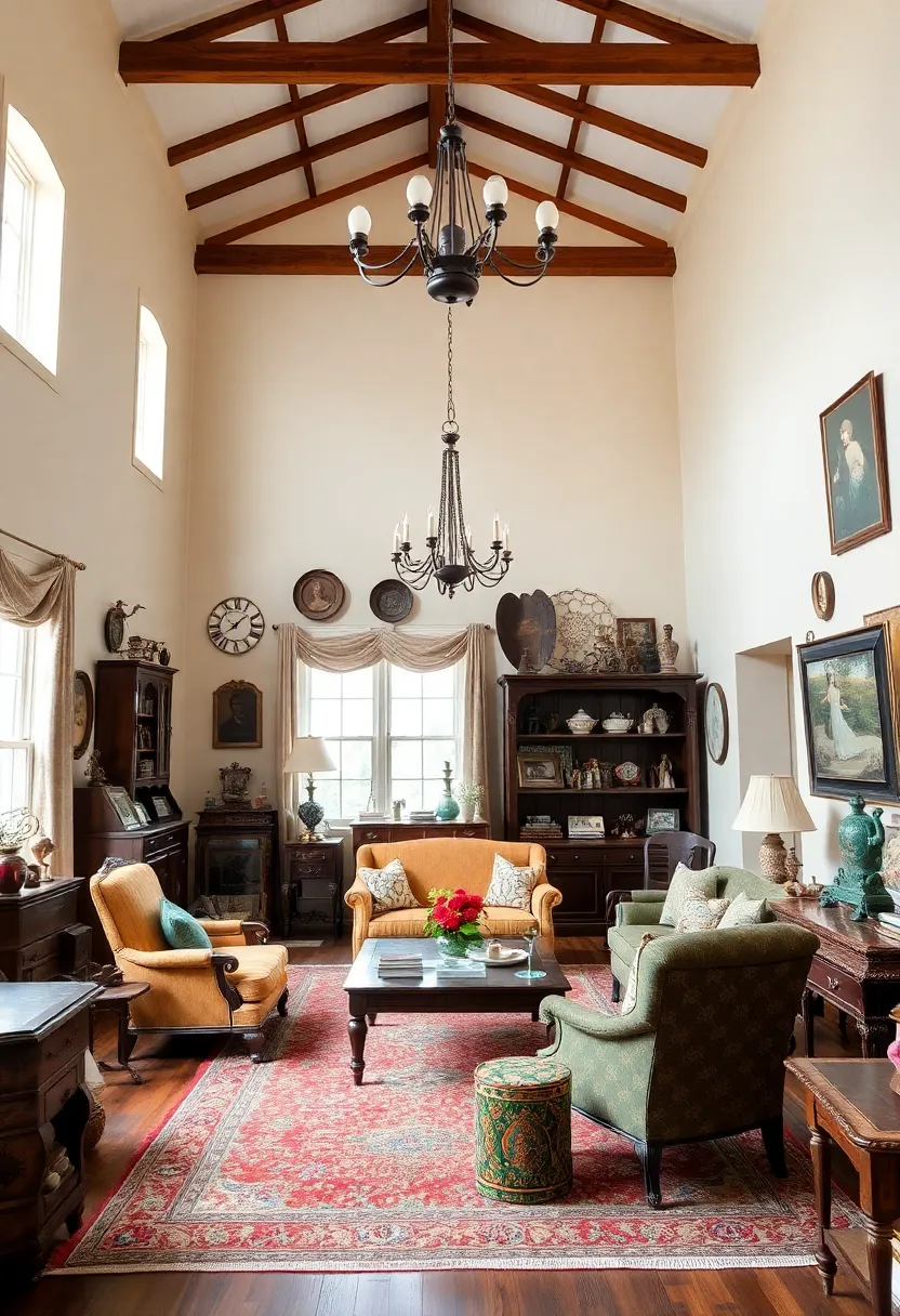 25+ High Ceiling Living Room Ideas to Make a Grand Statement 145 25+ High Ceiling Living Room Ideas to Make a Grand Statement - 23. Vintage Accents