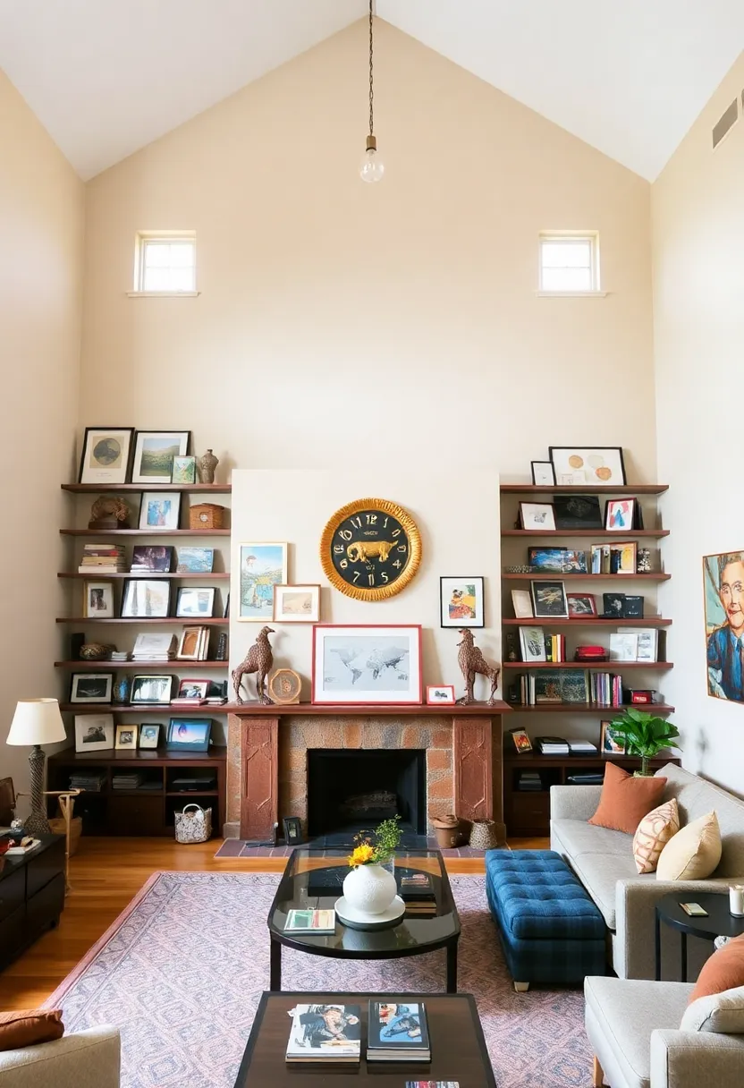 25+ High Ceiling Living Room Ideas to Make a Grand Statement 152 25+ High Ceiling Living Room Ideas to Make a Grand Statement - 24. Personal Collections