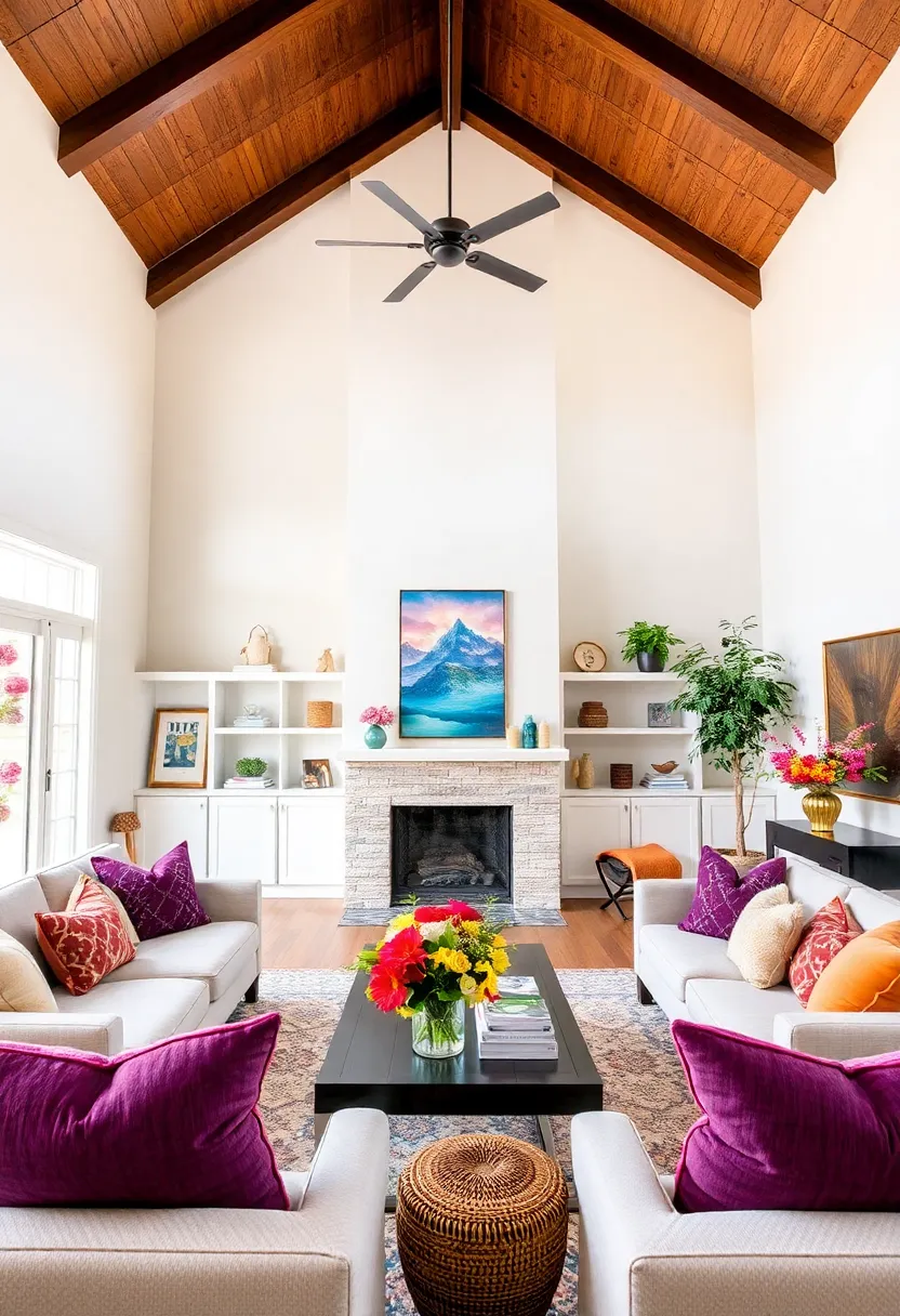 25+ High Ceiling Living Room Ideas to Make a Grand Statement 159 25+ High Ceiling Living Room Ideas to Make a Grand Statement - 25. Seasonal Decor Changes