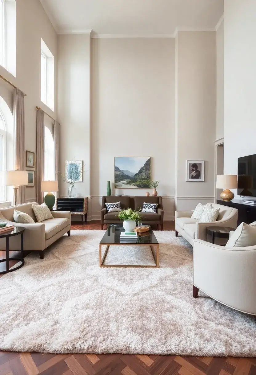 25+ High Ceiling Living Room Ideas to Make a Grand Statement 22 25+ High Ceiling Living Room Ideas to Make a Grand Statement - 4. Luxurious Rugs
