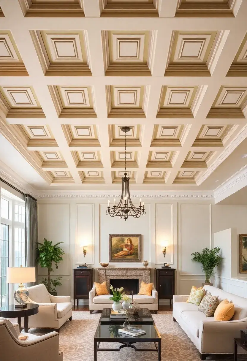 25+ High Ceiling Living Room Ideas to Make a Grand Statement 29 25+ High Ceiling Living Room Ideas to Make a Grand Statement - 5. Artistic Ceiling Treatments