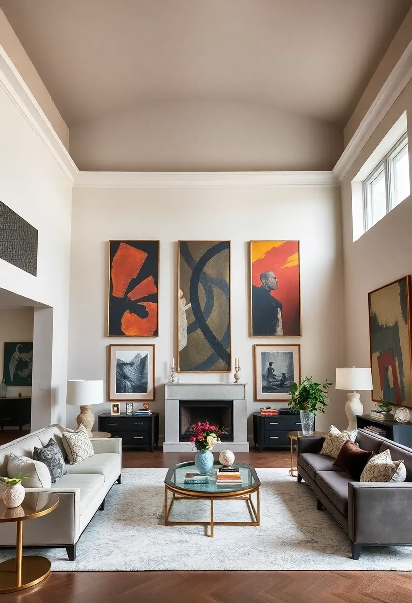 25+ High Ceiling Living Room Ideas to Make a Grand Statement 36 25+ High Ceiling Living Room Ideas to Make a Grand Statement - 6. Statement Artwork