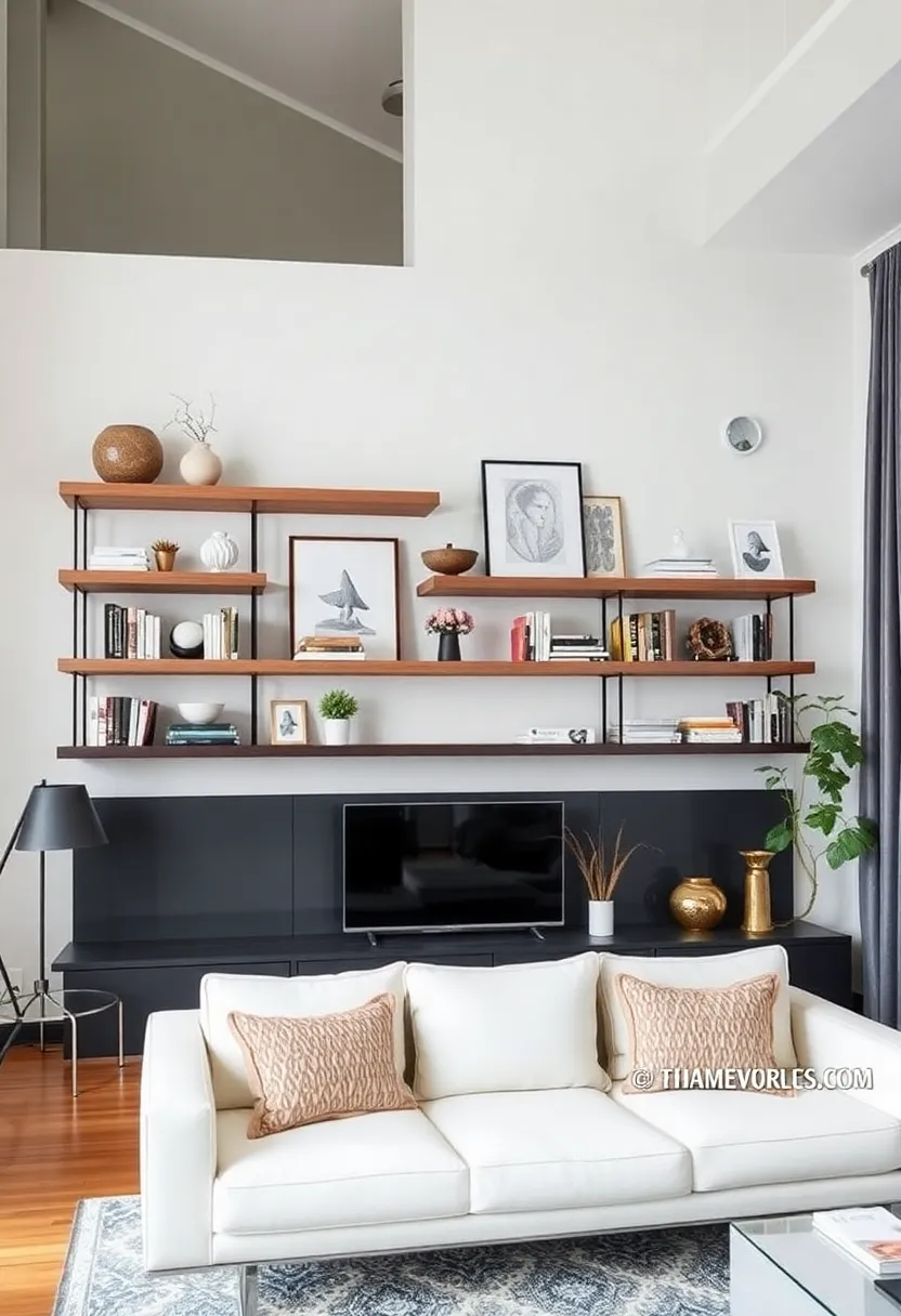 25+ High Ceiling Living Room Ideas to Make a Grand Statement 43 25+ High Ceiling Living Room Ideas to Make a Grand Statement - 7. Floating Shelves