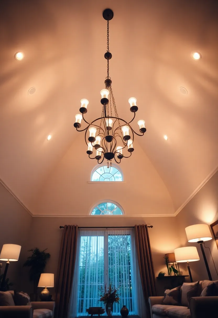 25+ High Ceiling Living Room Ideas to Make a Grand Statement 57 25+ High Ceiling Living Room Ideas to Make a Grand Statement - 9. Layered Lighting