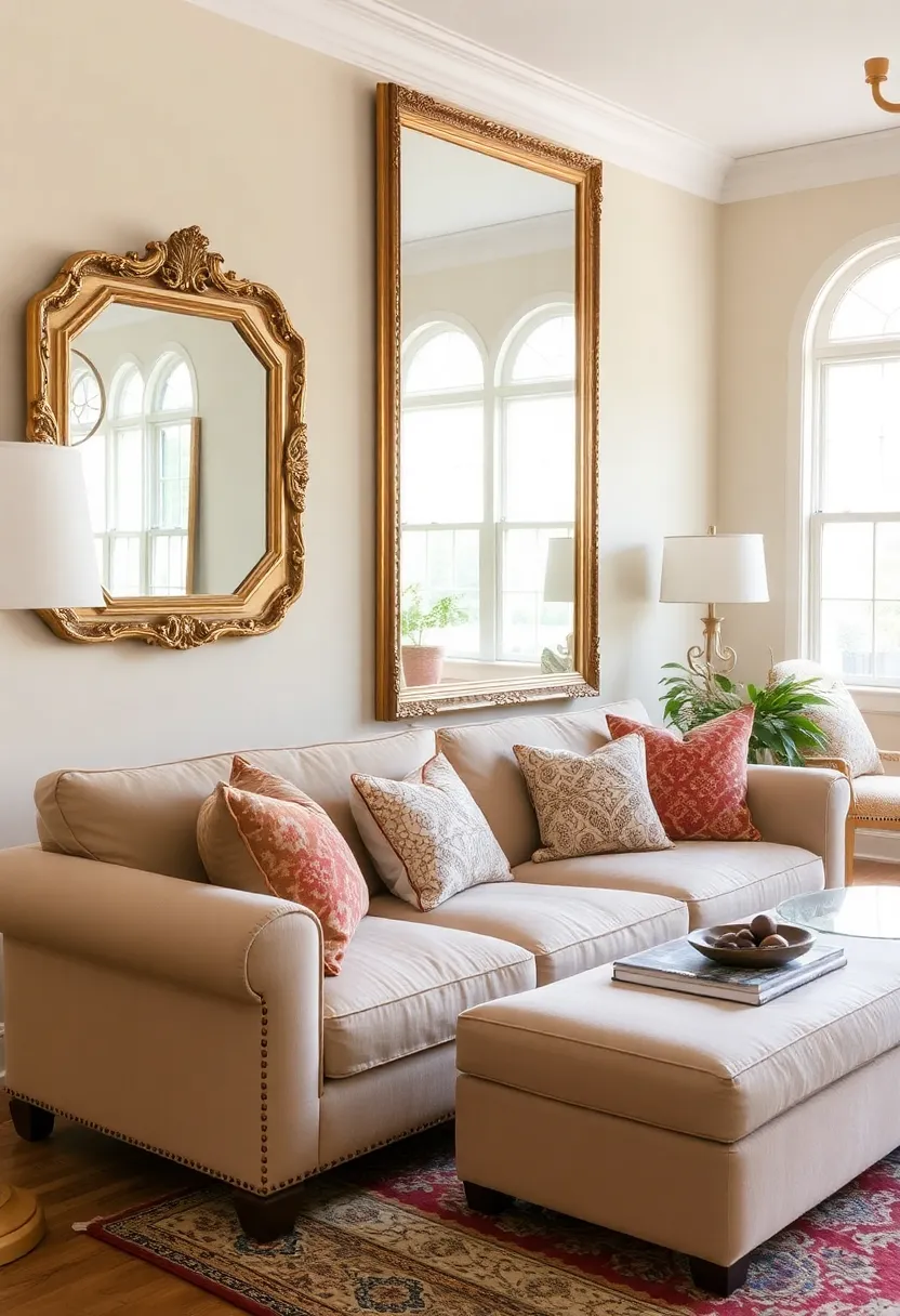 25+ Indian Living Room Ideas Full of Color and Culture - 16. Incorporating Mirrors for Illusion