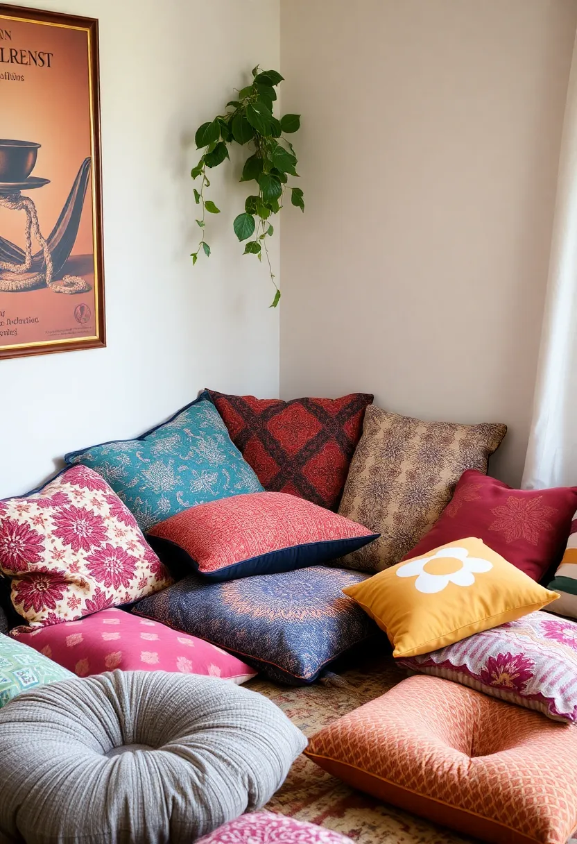 25+ Indian Living Room Ideas Full of Color and Culture - 3. Colorful Floor Cushions for Relaxation