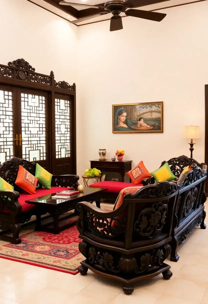 25+ Indian Living Room Ideas Full of Color and Culture - 4. Traditional Wooden Furniture