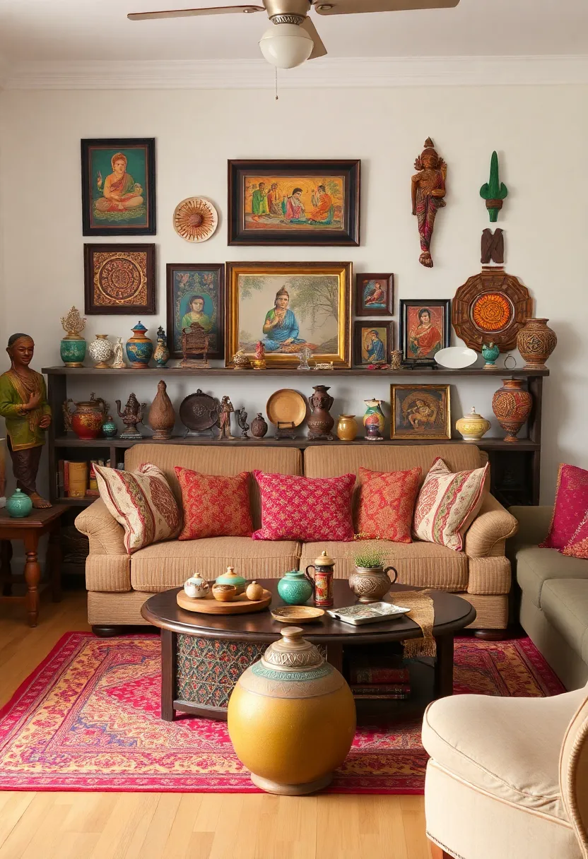 25+ Indian Living Room Ideas Full of Color and Culture - 8. Colorful Artifacts and Decor Pieces
