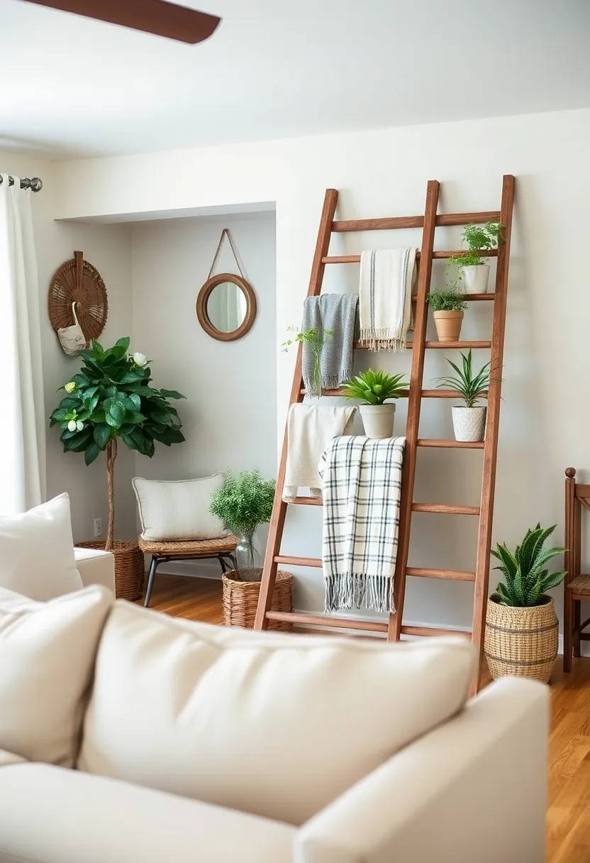 25+ Joanna Gaines Living Room Ideas for a Cozy Farmhouse Feel - 24. Vintage Ladder Display