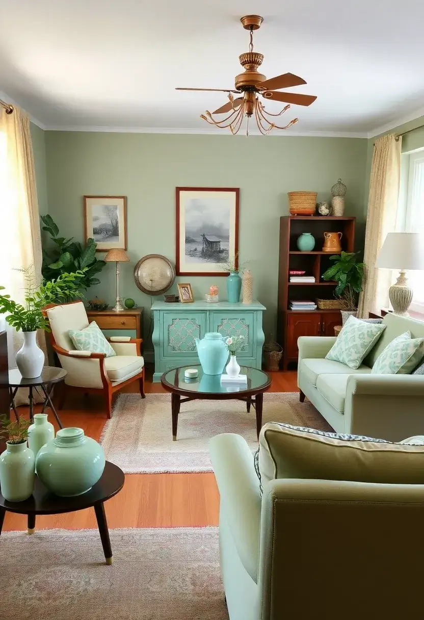 25+ Light Green Living Room Ideas for a Fresh and Airy Feel - 10. Vintage Light Green Finds