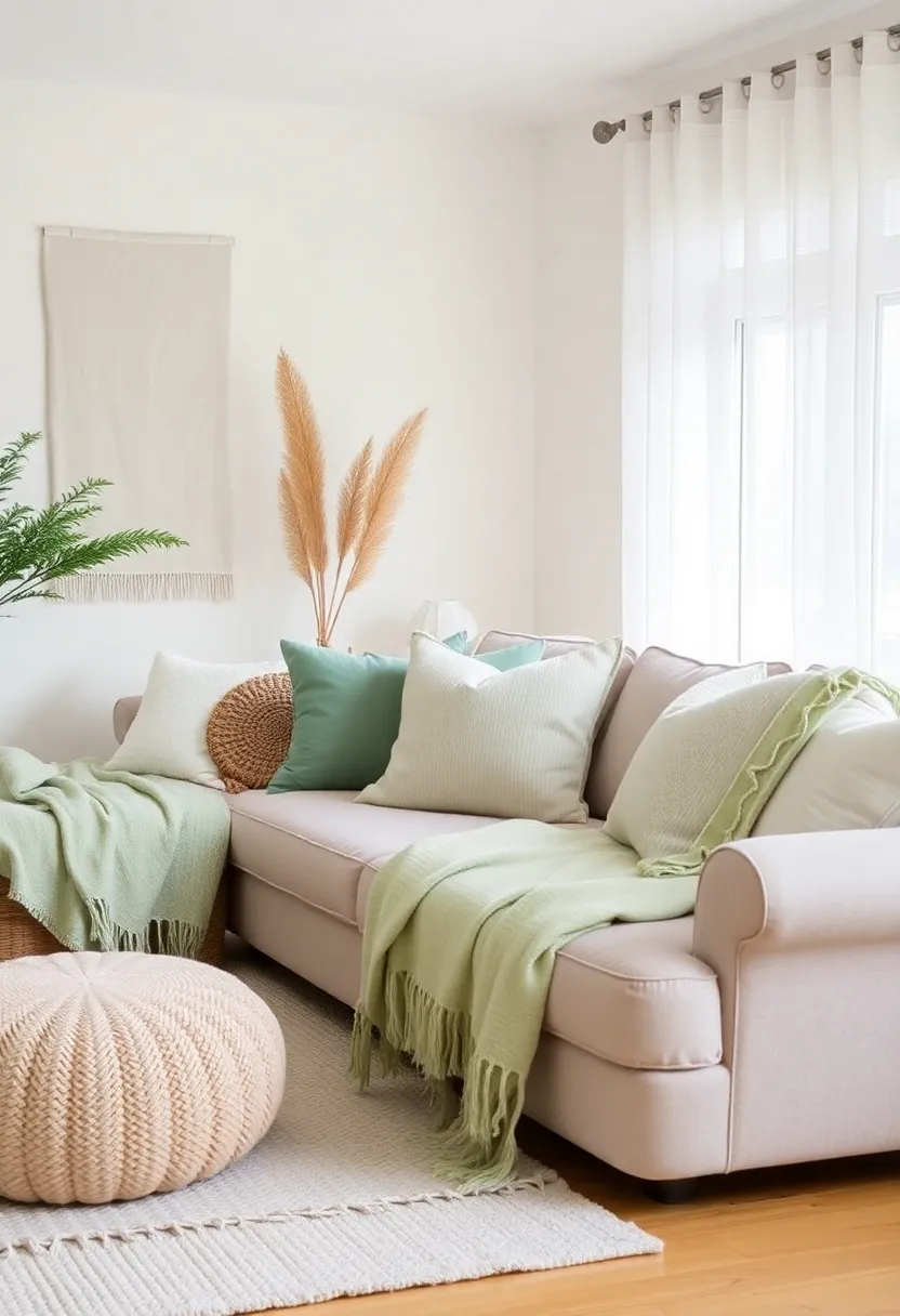 25+ Light Green Living Room Ideas for a Fresh and Airy Feel - 12. Incorporating Natural Textiles