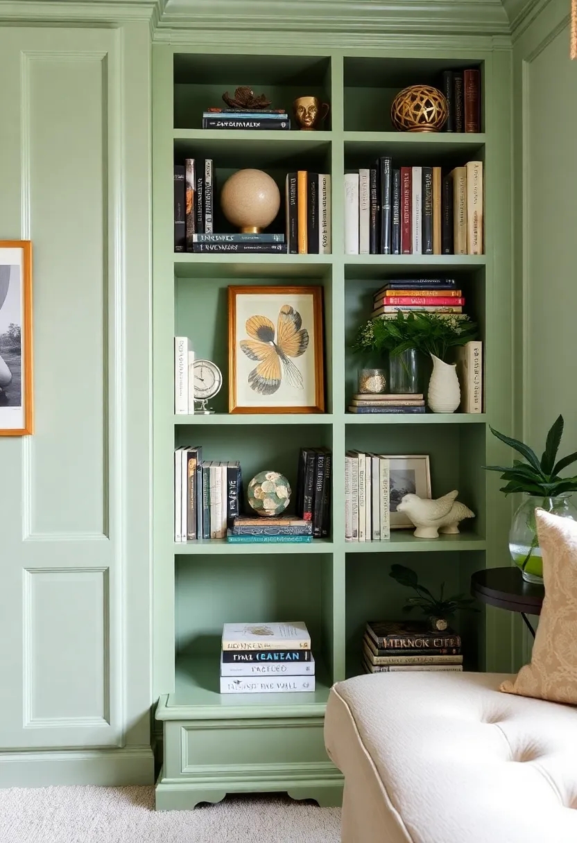 25+ Light Green Living Room Ideas for a Fresh and Airy Feel - 15. Green-themed Bookshelves