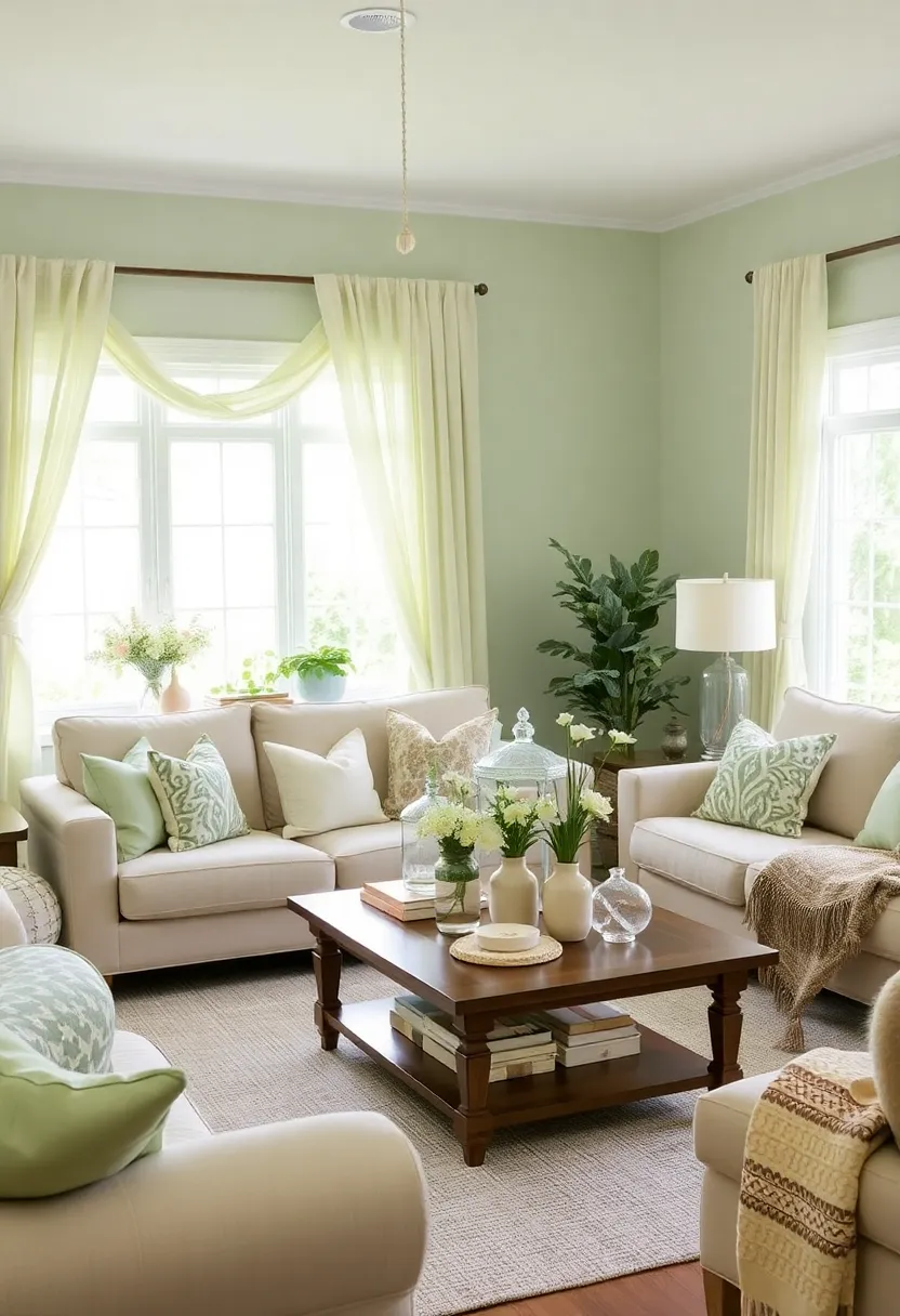 25+ Light Green Living Room Ideas for a Fresh and Airy Feel - 21. Light Green Seasonal Decor