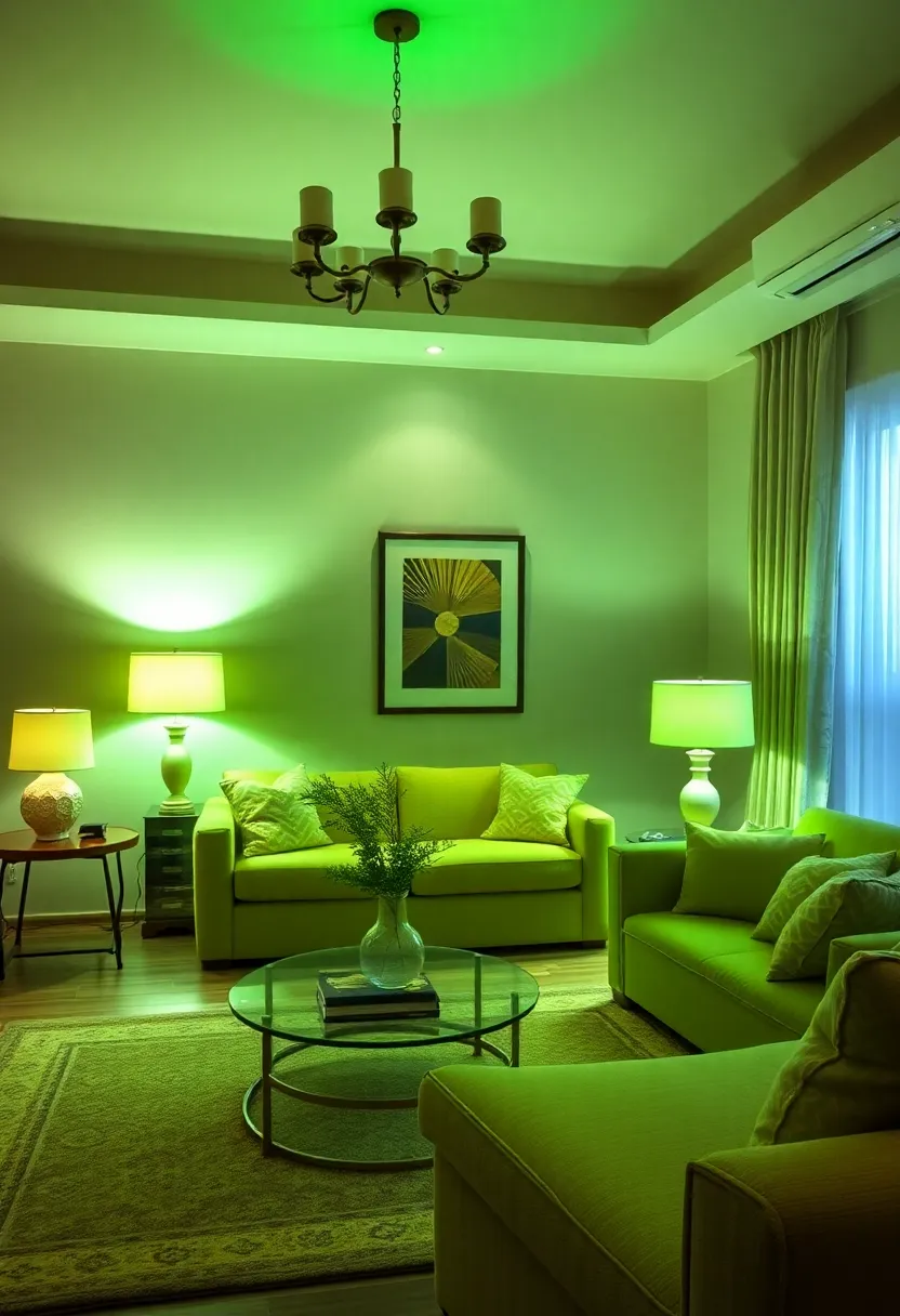 25+ Light Green Living Room Ideas for a Fresh and Airy Feel - 22. Light Green Accent Lighting