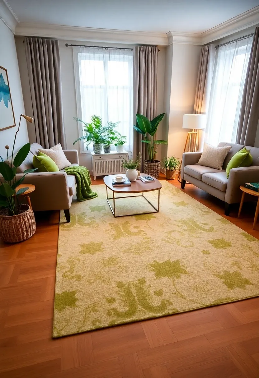 25+ Light Green Living Room Ideas for a Fresh and Airy Feel - 4. Light Green Accented Rugs