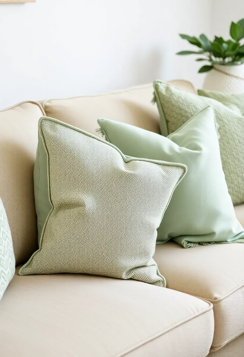 25+ Light Green Living Room Ideas for a Fresh and Airy Feel - 9. Textured Green Pillows