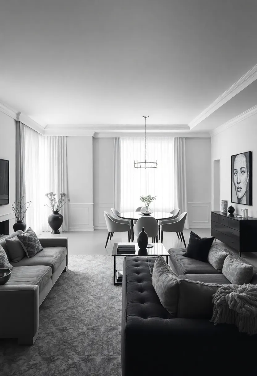 25+ Living Room Dining Room Combo Ideas for Open-Plan Spaces 158 25+ Living Room Dining Room Combo Ideas for Open-Plan Spaces - 24. Monochrome Elegance: A Timeless Approach