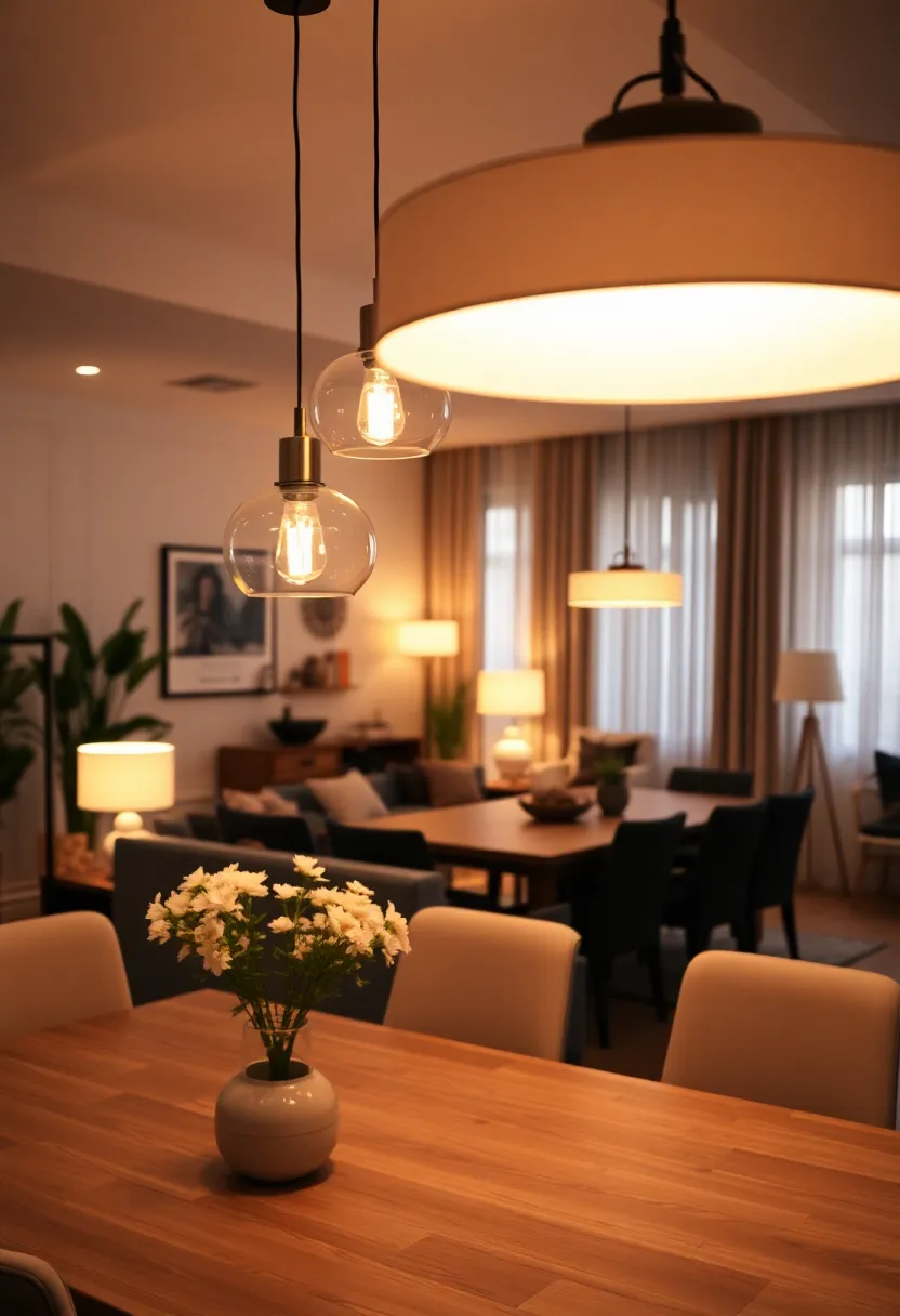 25+ Living Room Dining Room Combo Ideas for Open-Plan Spaces 57 25+ Living Room Dining Room Combo Ideas for Open-Plan Spaces - 9. Layered Lighting: Set the Mood