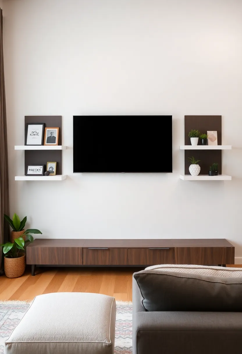 25+ Living Room TV Wall Ideas That Combine Function and Style - 1. Minimalist Floating Shelves