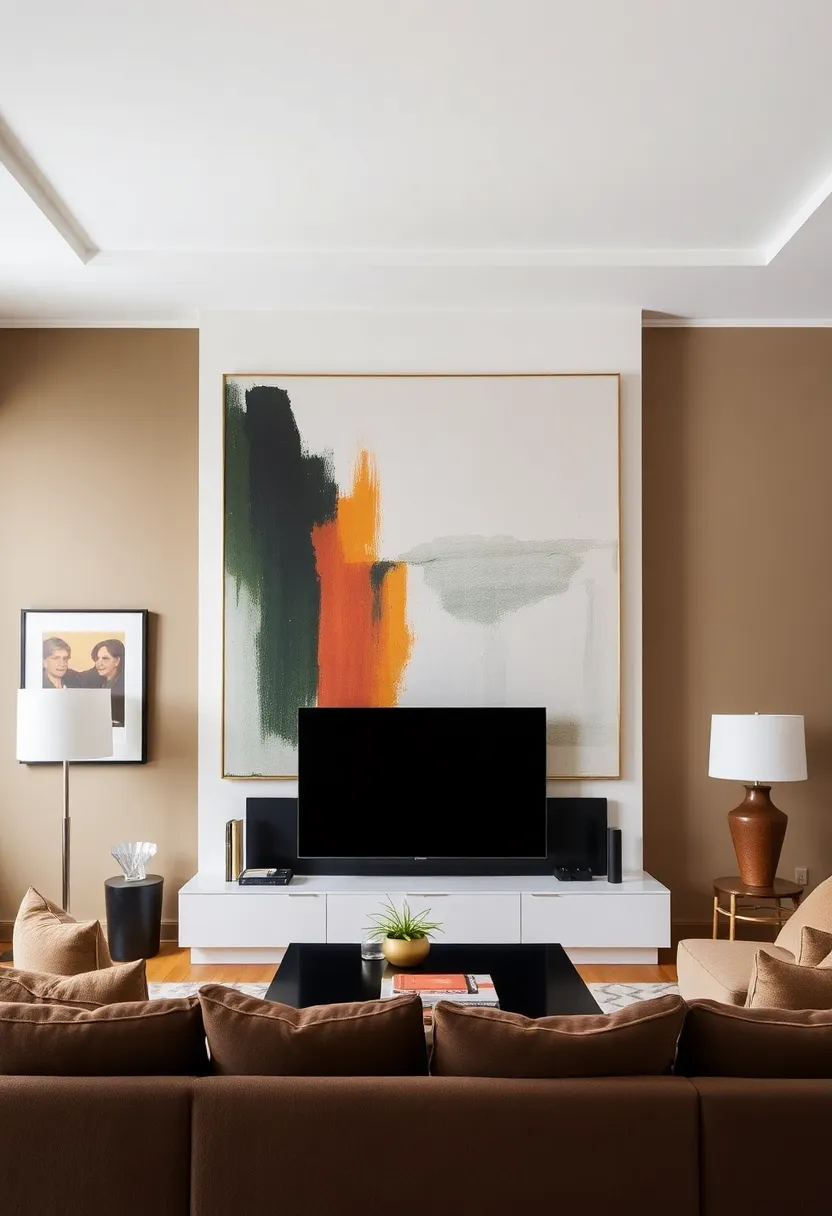 25+ Living Room TV Wall Ideas That Combine Function and Style - 14. Oversized Art Behind the TV