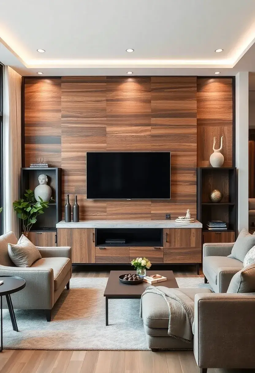 25+ Living Room TV Wall Ideas That Combine Function and Style - 15. Layered Textures