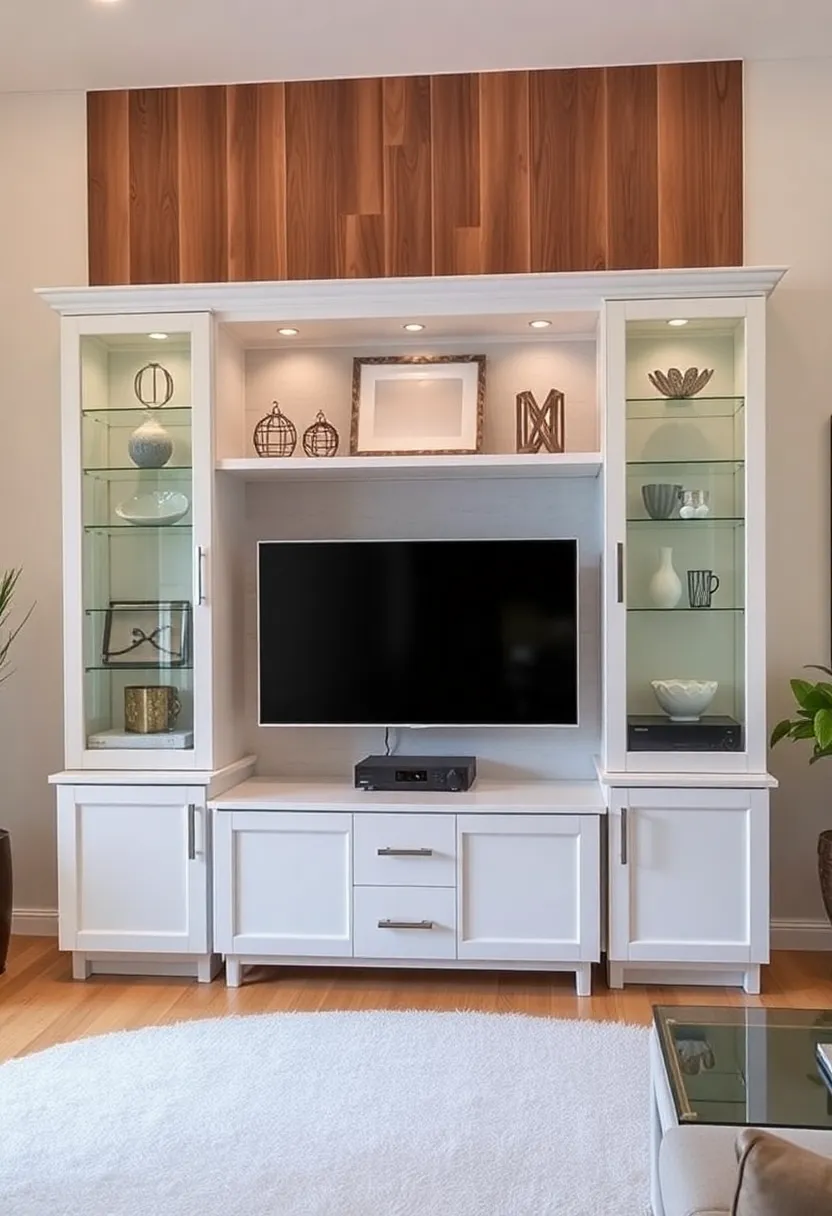 25+ Living Room TV Wall Ideas That Combine Function and Style - 16. Glass Front Cabinets