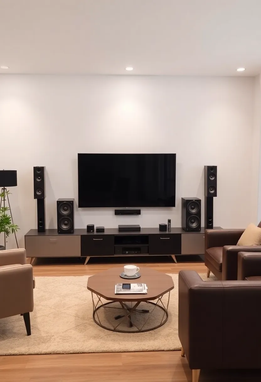 25+ Living Room TV Wall Ideas That Combine Function and Style - 17. Stylish Surround Sound Setup