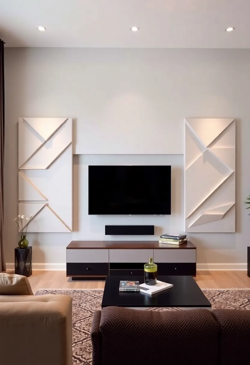 25+ Living Room TV Wall Ideas That Combine Function and Style - 18. Geometric Wall Panels