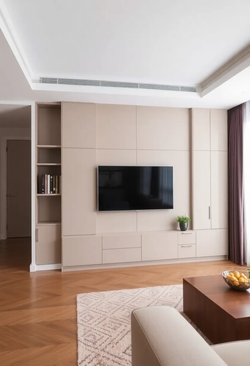 25+ Living Room TV Wall Ideas That Combine Function and Style - 20. Minimalist Media Wall with Hidden Storage