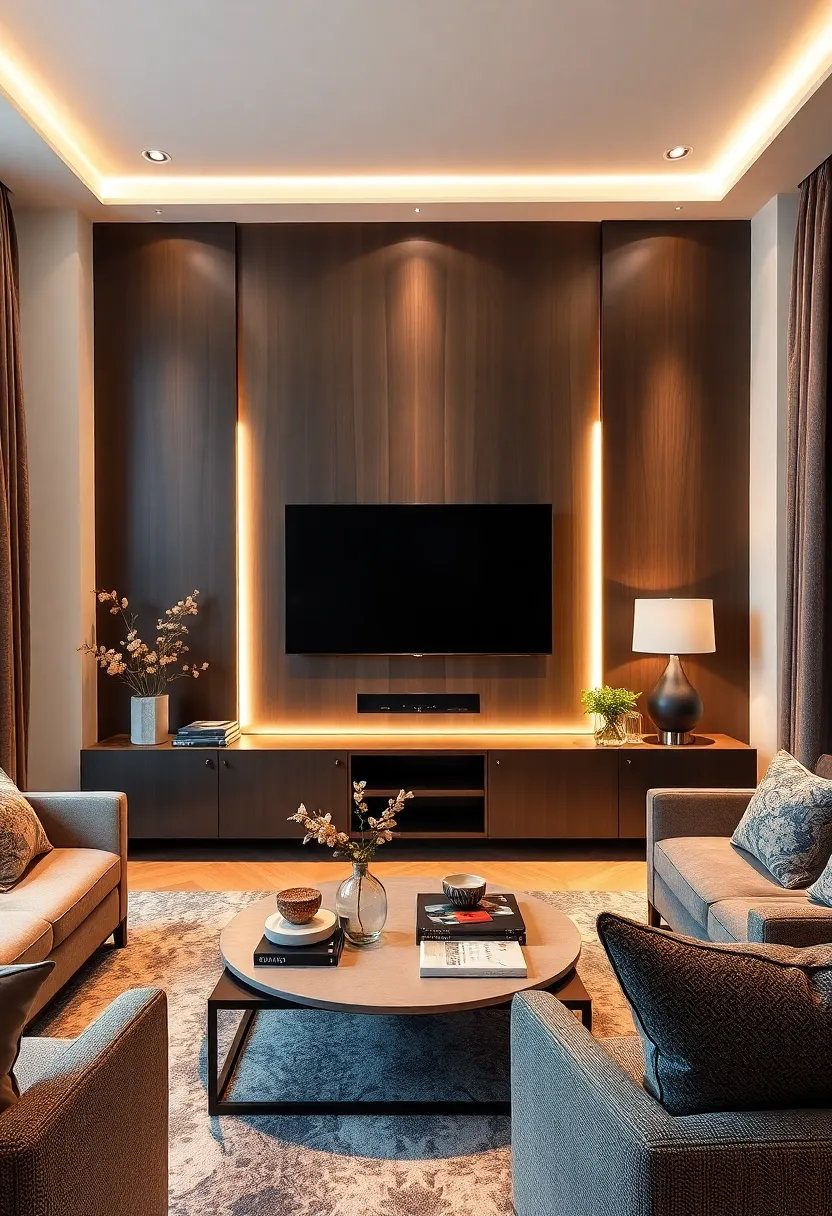 25+ Living Room TV Wall Ideas That Combine Function and Style - 21. Statement Lighting