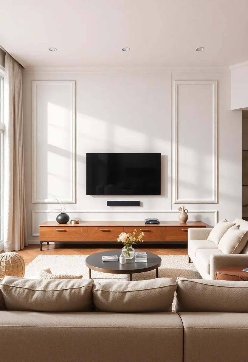 25+ Living Room TV Wall Ideas That Combine Function and Style - 25. Understated Elegance with Light Colors