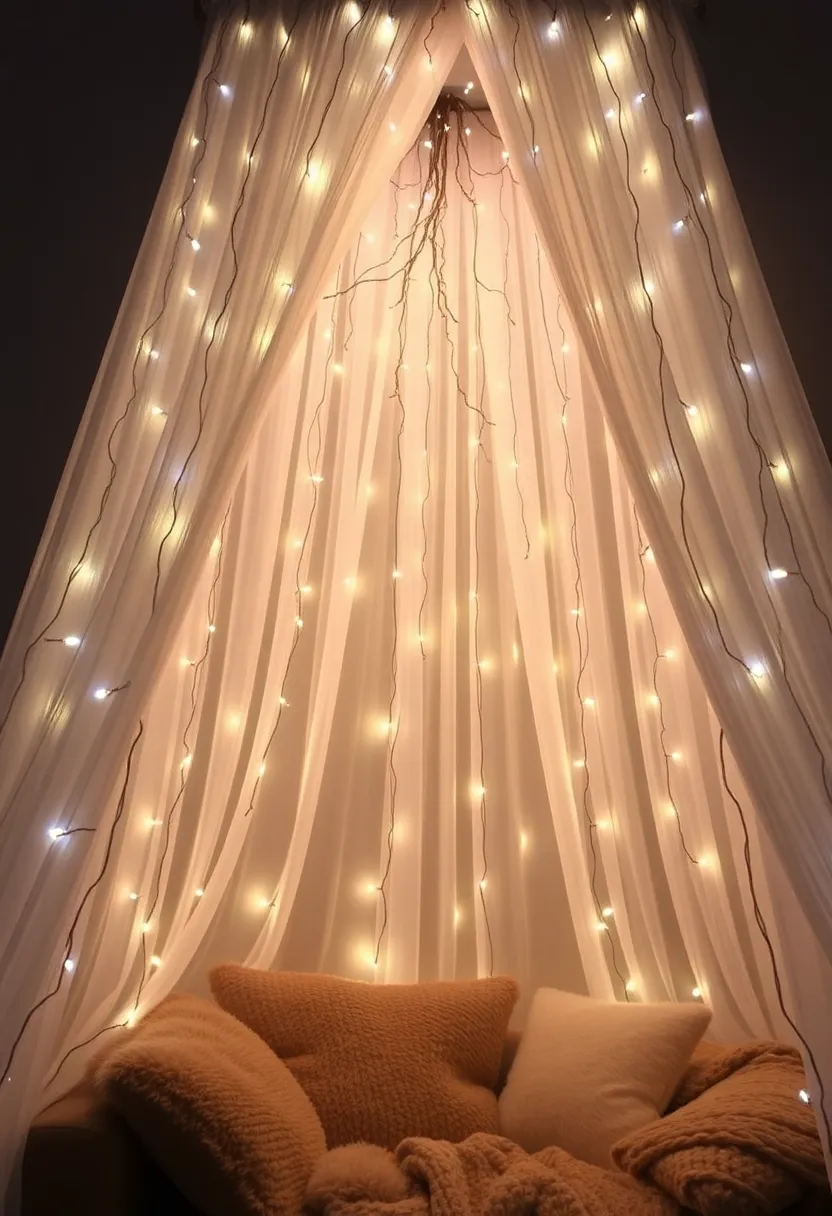 25+ Magical Fairy Light Ideas for Living Room Ambiance - 1. Twinkling Fairy Light Canopy