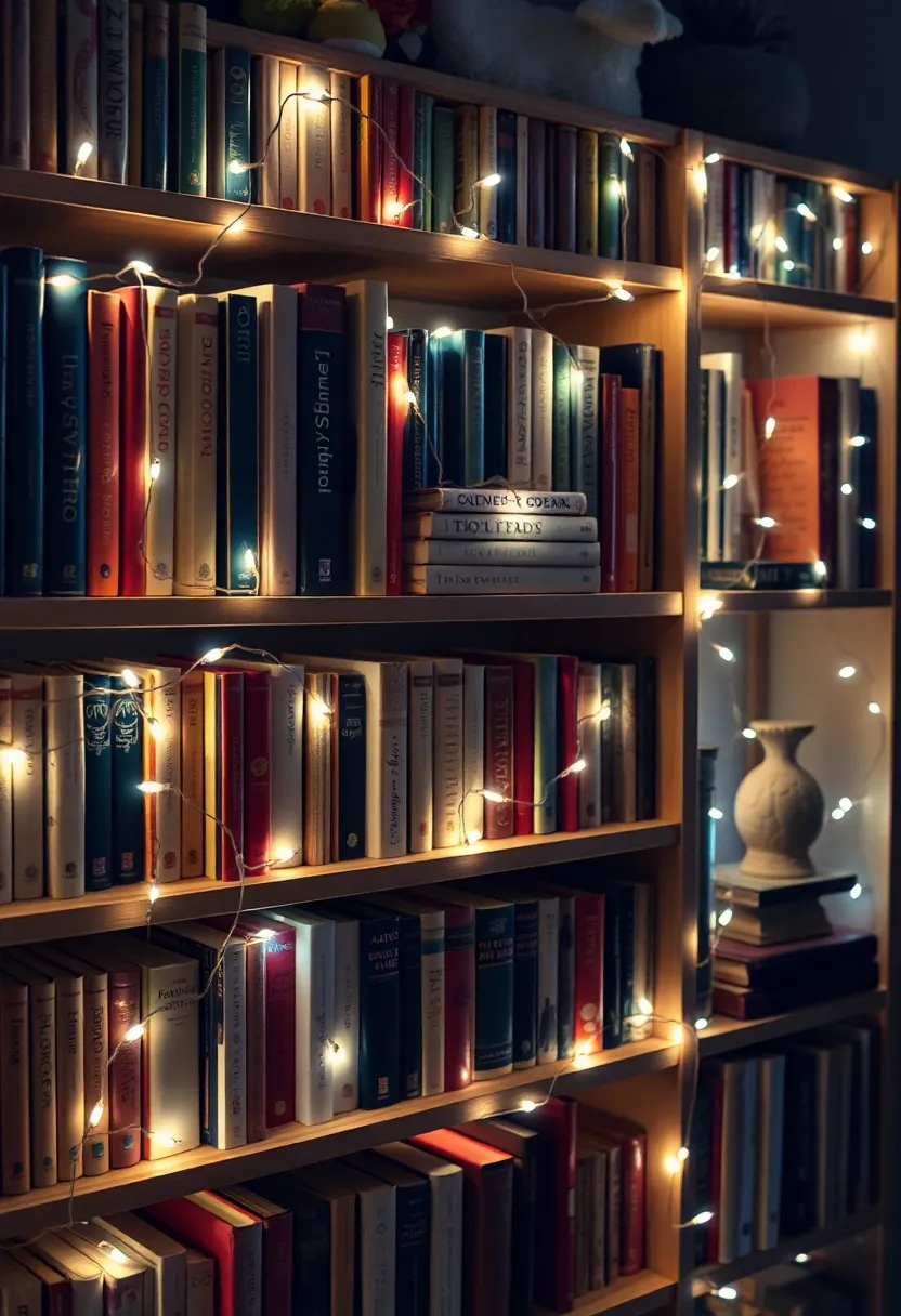 25+ Magical Fairy Light Ideas for Living Room Ambiance - 14. Fairy Light-Enhanced Bookshelves