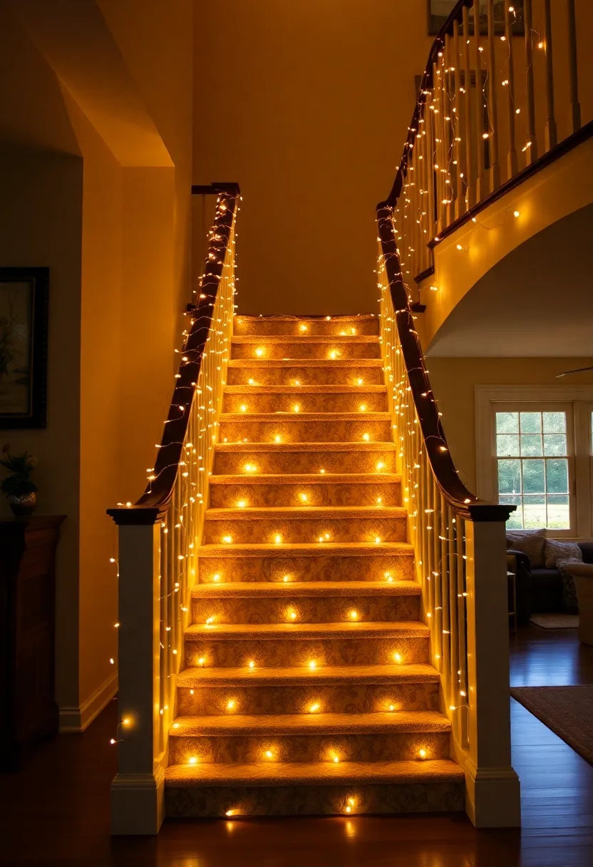 25+ Magical Fairy Light Ideas for Living Room Ambiance - 16. Staircase Fairy Light Wrap