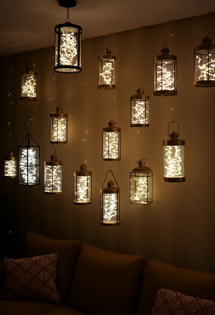 25+ Magical Fairy Light Ideas for Living Room Ambiance - 17. Fairy Light Lantern Walls