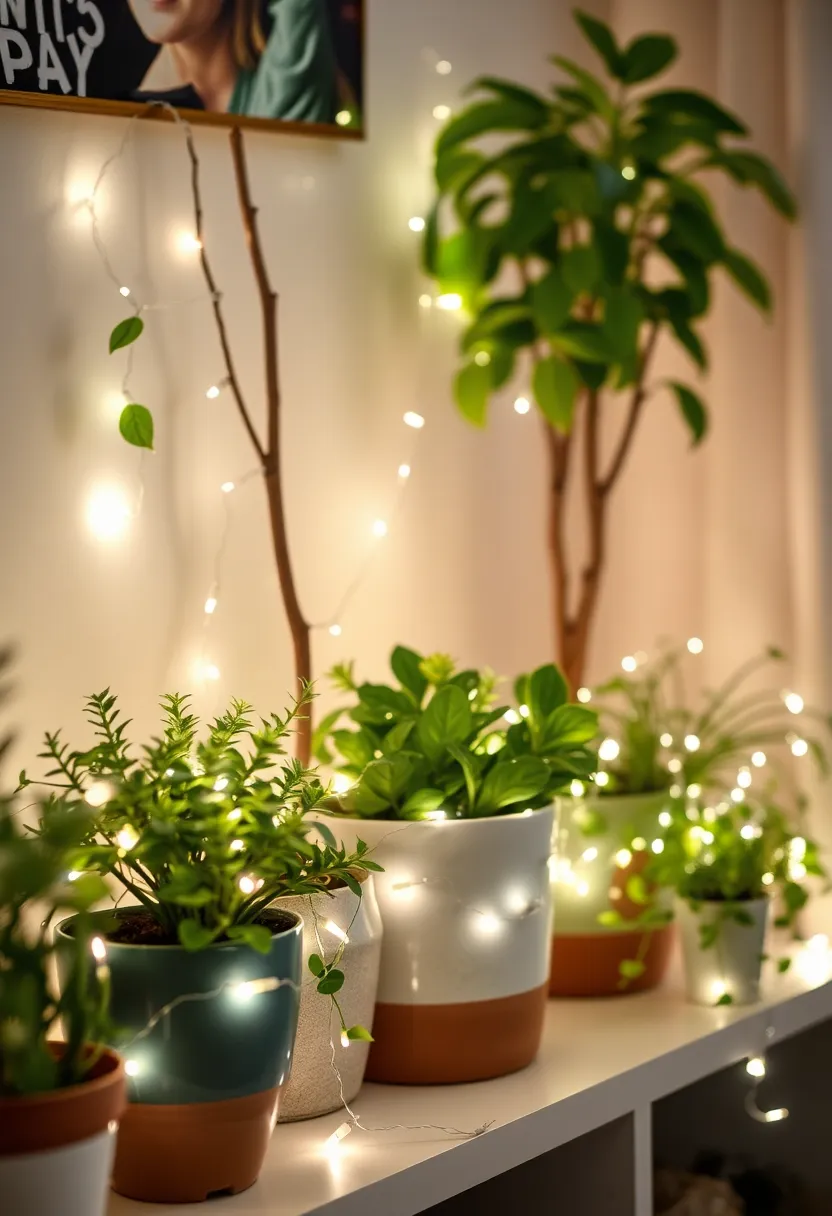 25+ Magical Fairy Light Ideas for Living Room Ambiance - 18. Fairy Light Potted Plants