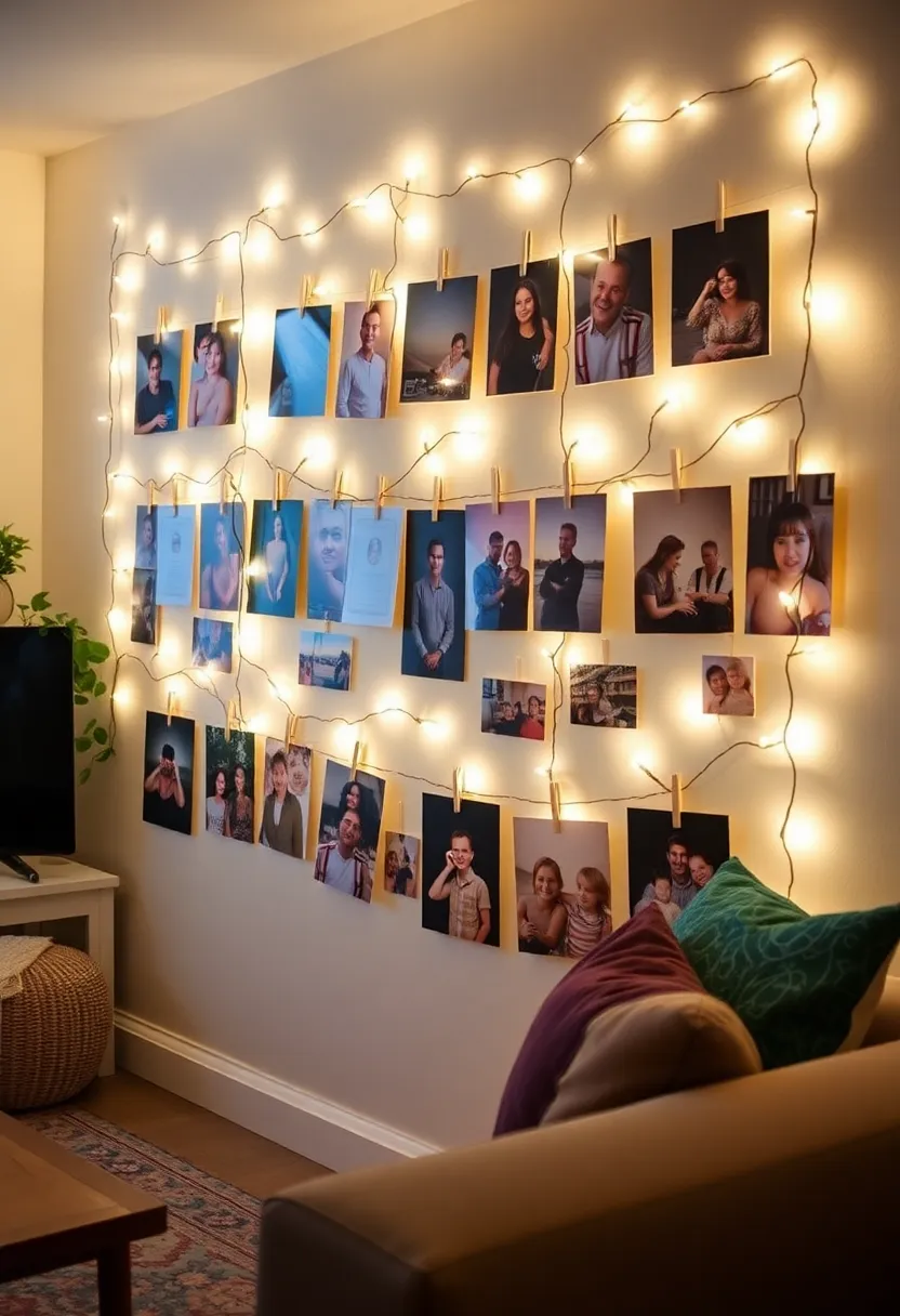 25+ Magical Fairy Light Ideas for Living Room Ambiance - 19. Fairy Light Photo Wall