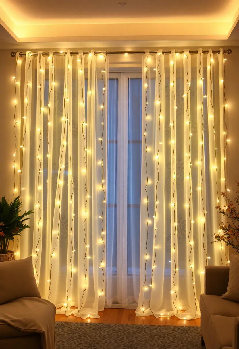 25+ Magical Fairy Light Ideas for Living Room Ambiance - 22. Fairy Light Embellished Curtains