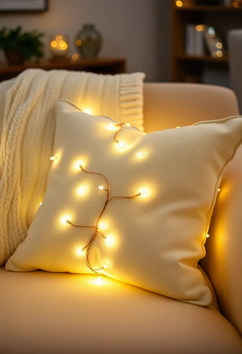 25+ Magical Fairy Light Ideas for Living Room Ambiance - 23. Fairy Light-Infused Throw Pillows