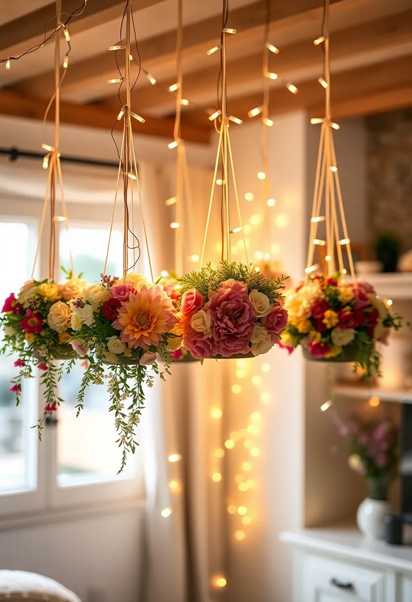 25+ Magical Fairy Light Ideas for Living Room Ambiance - 24. Fairy Light Hanging Flowers