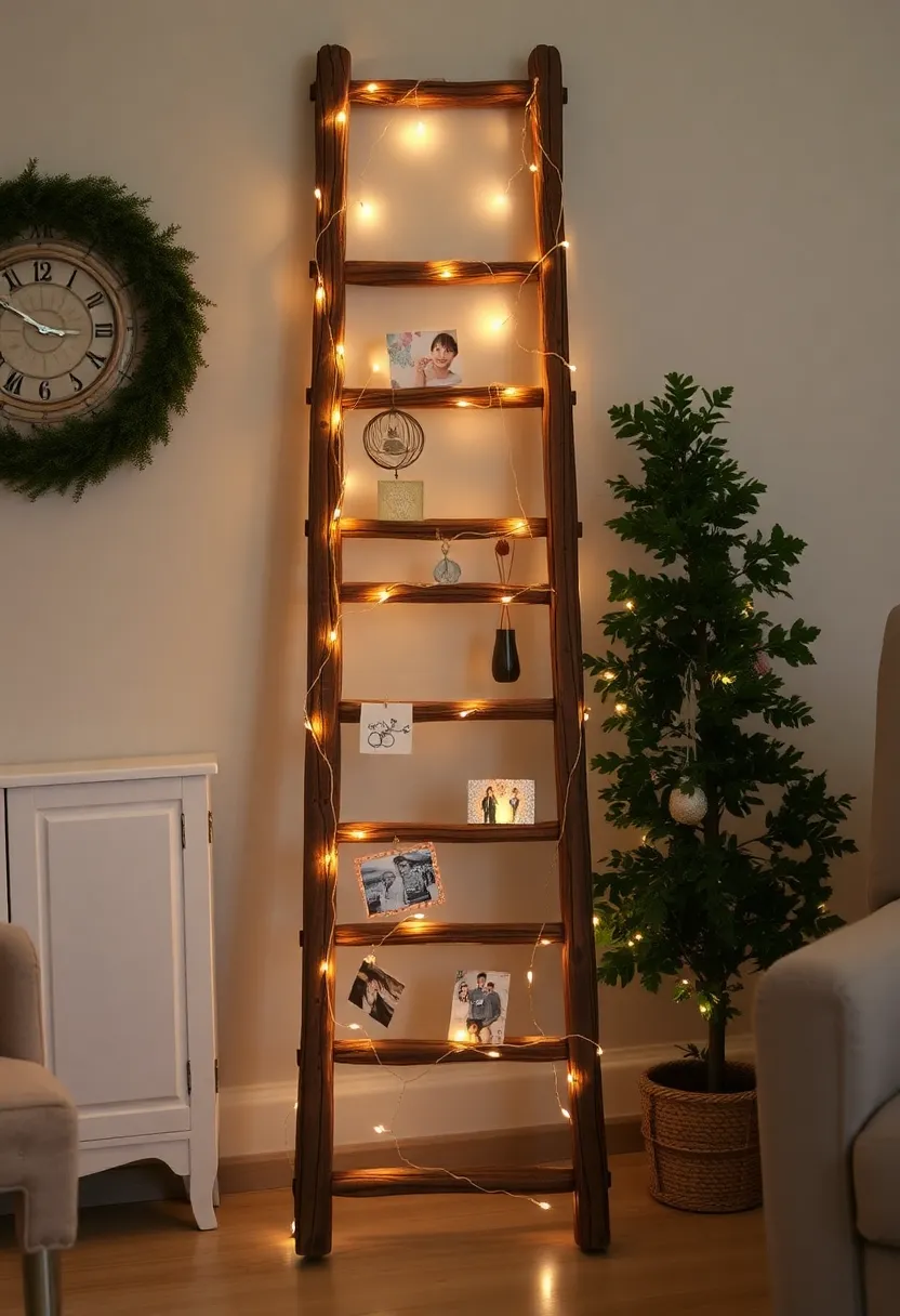 25+ Magical Fairy Light Ideas for Living Room Ambiance - 6. Ladder Fairy Light Display