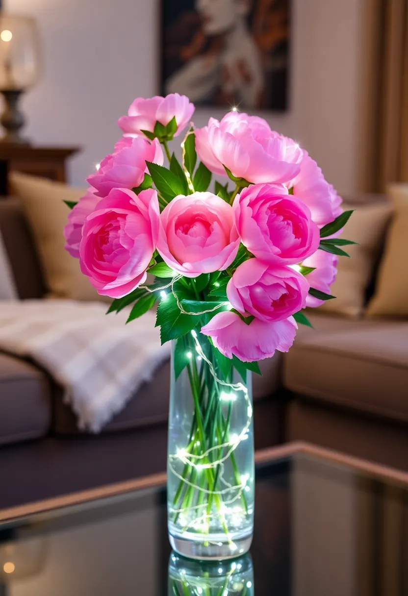 25+ Magical Fairy Light Ideas for Living Room Ambiance - 8. Fairy Light Peony Bouquets