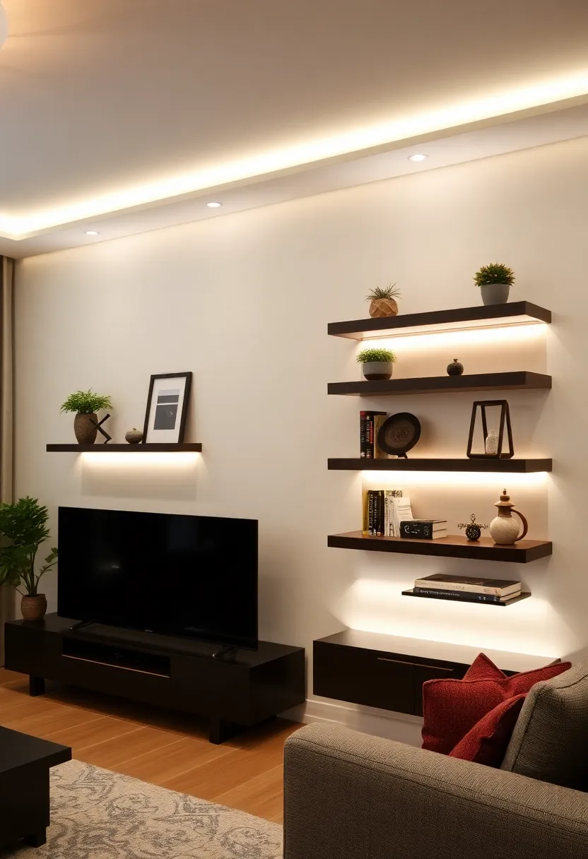 27+ Brilliant Lighting Ideas for Living Room with Low Ceiling You’ll Love - 16. Floating Shelves with LED Lights