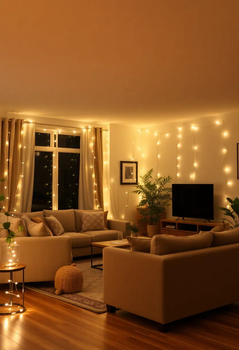 27+ Brilliant Lighting Ideas for Living Room with Low Ceiling You’ll Love - 8. String Lights for a Cozy Vibe