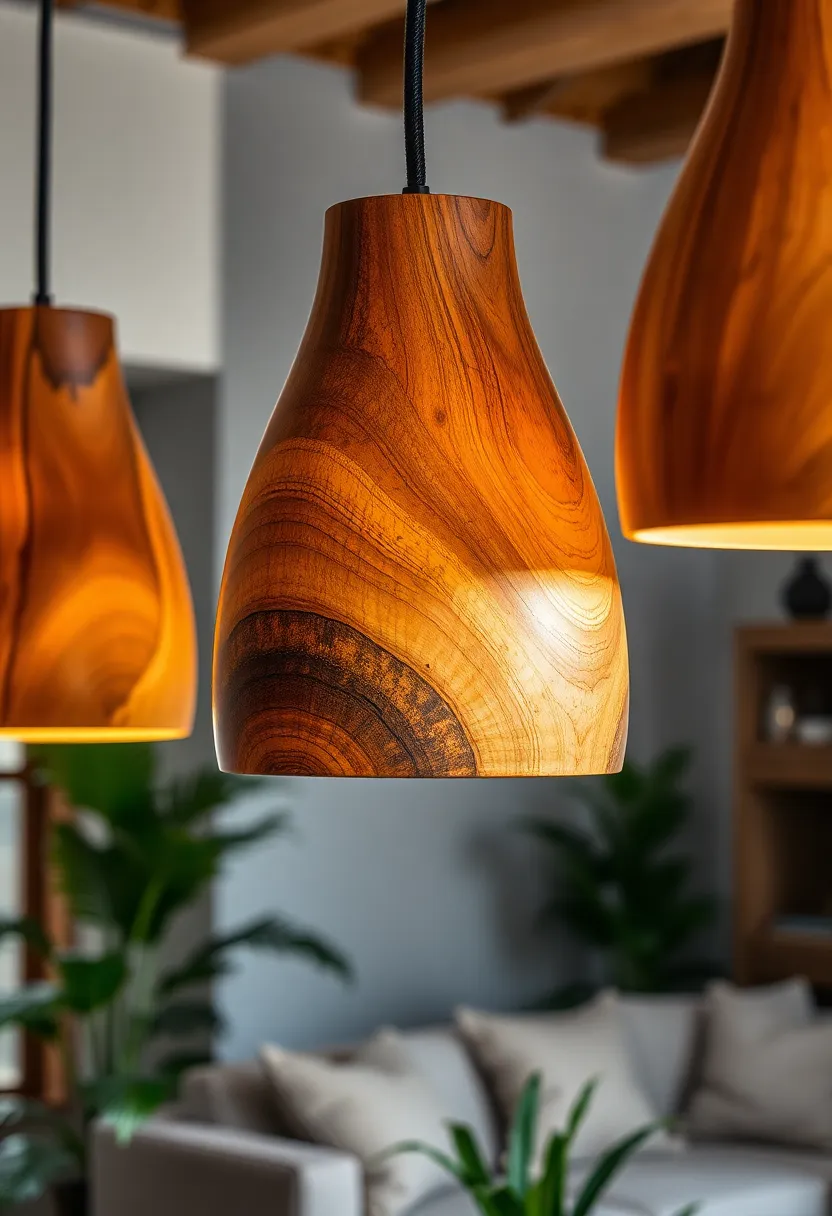 27+ Gorgeous Ceiling Light Ideas for Living Room Ambiance - 1. Rustic Wooden Pendant Lights