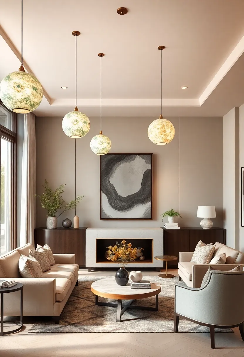 27+ Gorgeous Ceiling Light Ideas for Living Room Ambiance - 10. Spherical Ceramic Light Fixtures